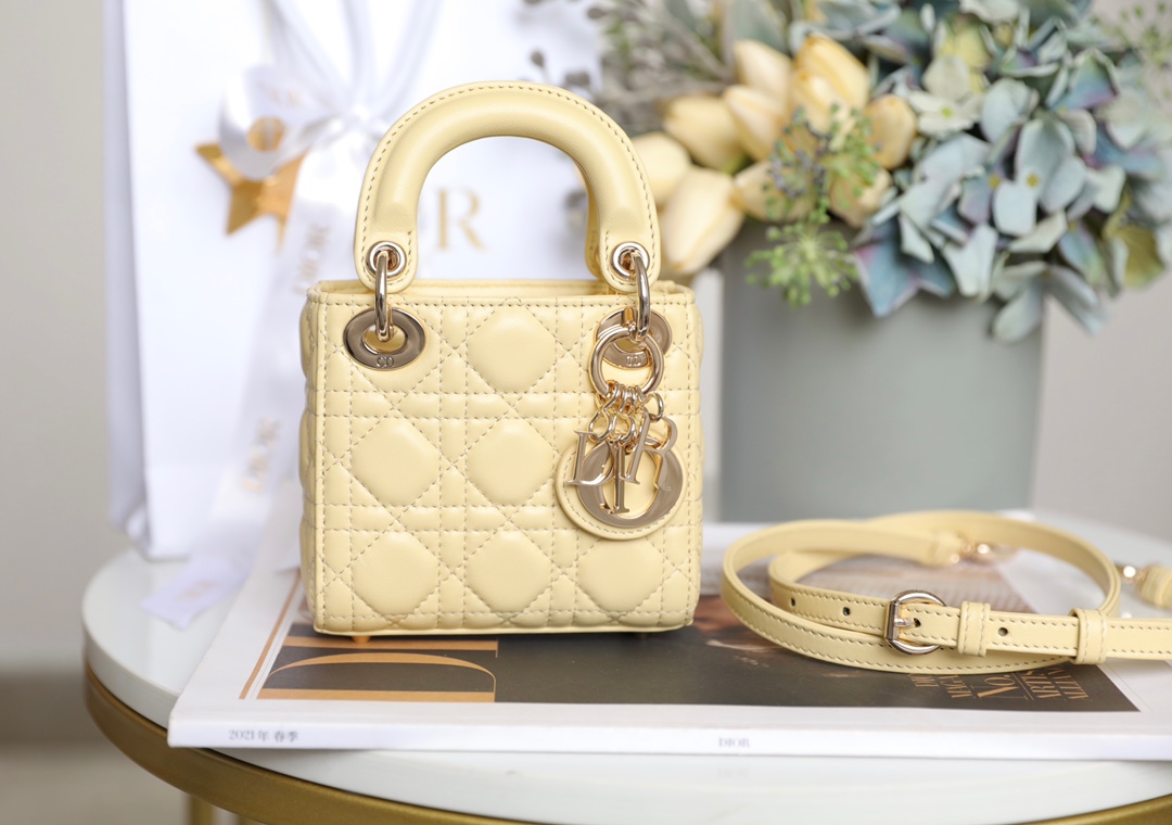 Túi Xách Lady Dior Nữ Mini Màu Vàng